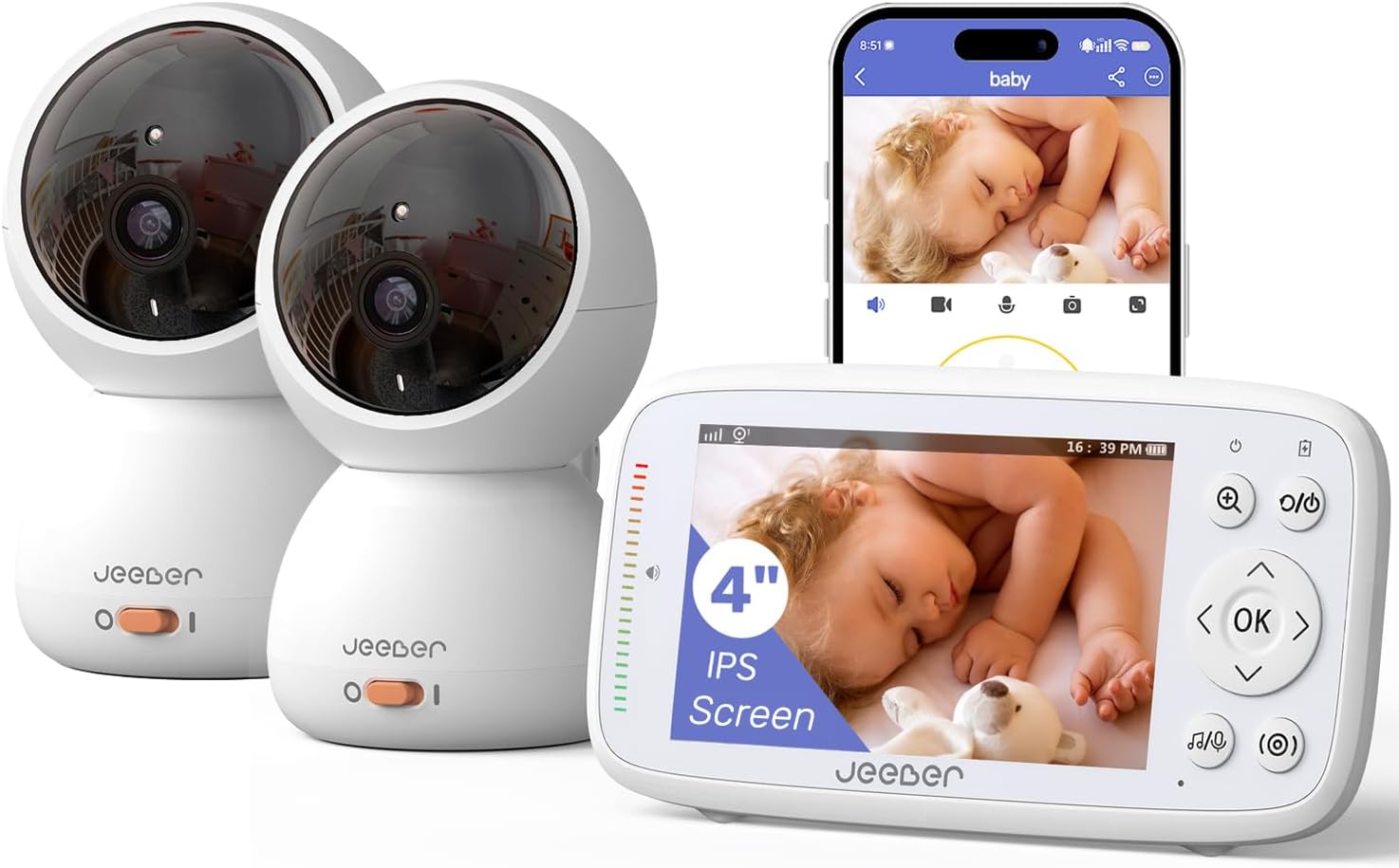 1080P WiFi Baby Monitor with 2 Cameras and Audio，4" IPS Display | 2.4GHz Wifi,Pan-Tilt-Zoom Camera,360° View, HD