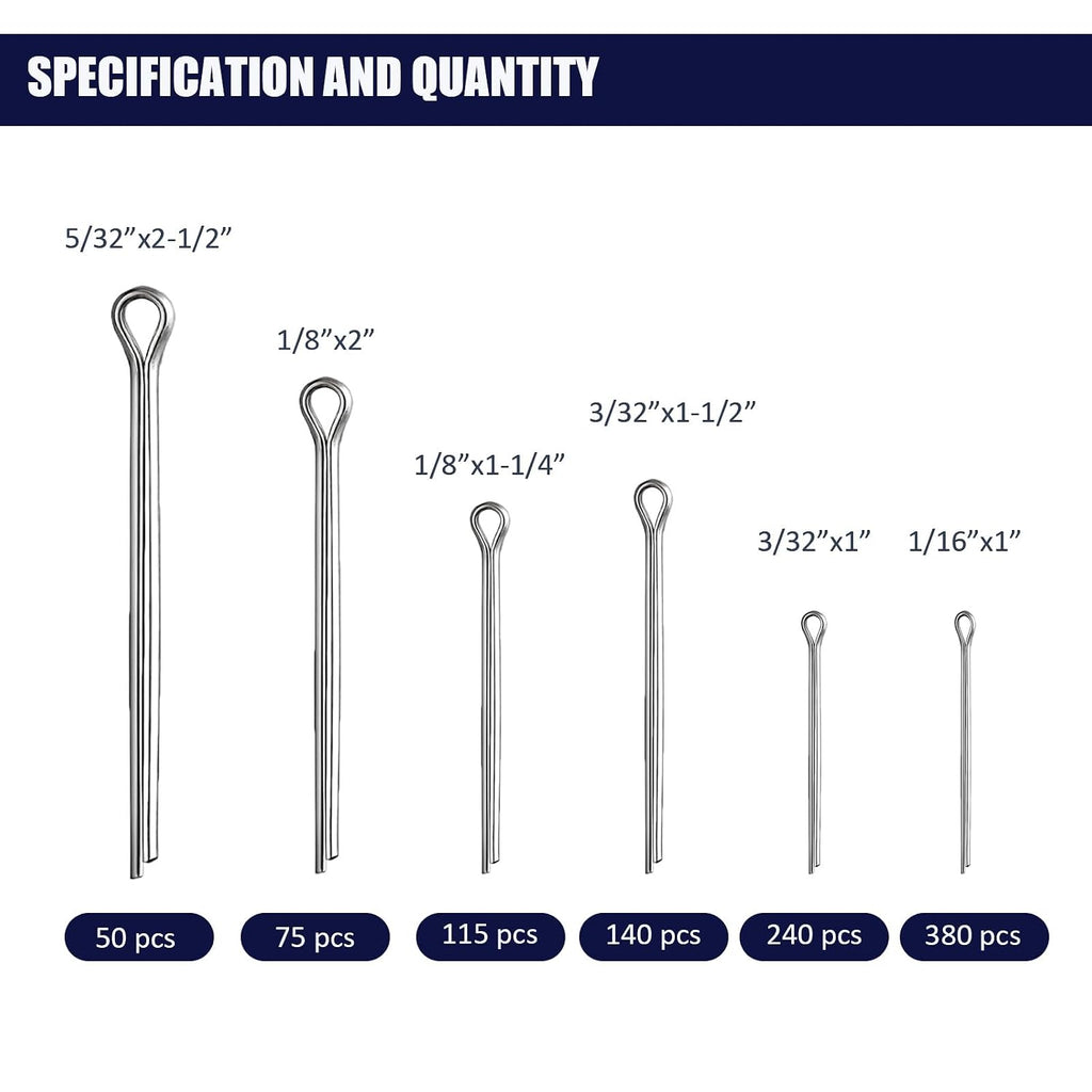1000 pcs Cotter Pin Assortment Kit, 6 Sizes Split Pins (1/16" to 5/32")