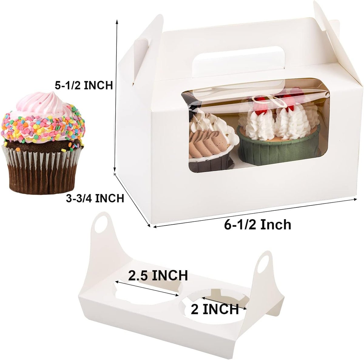 60 Pack 2 Count White Paper Cupcake Boxes with Insert, Handle and Window, Portable Cupcake Muffin Containers, Gable