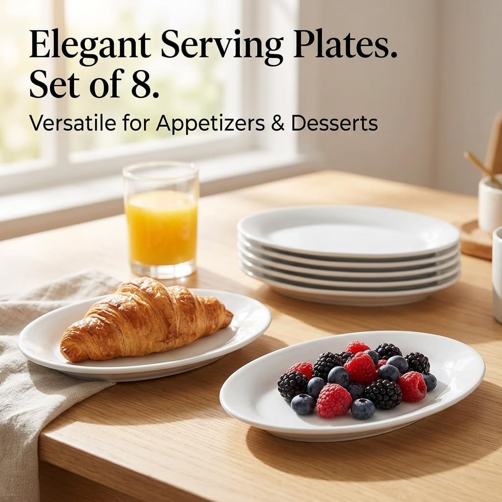 8 Inch Oval Ceramic Plate Set of 8, Ceramic Salad Plates Set