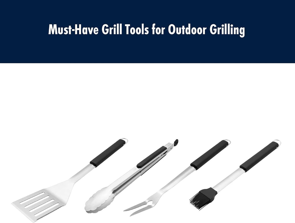 BBQ Grill Tool Set, 4-Piece Stainless Steel Barbecue Accessories with Spatula, Tongs, Fork & Basting Brush, Heavy