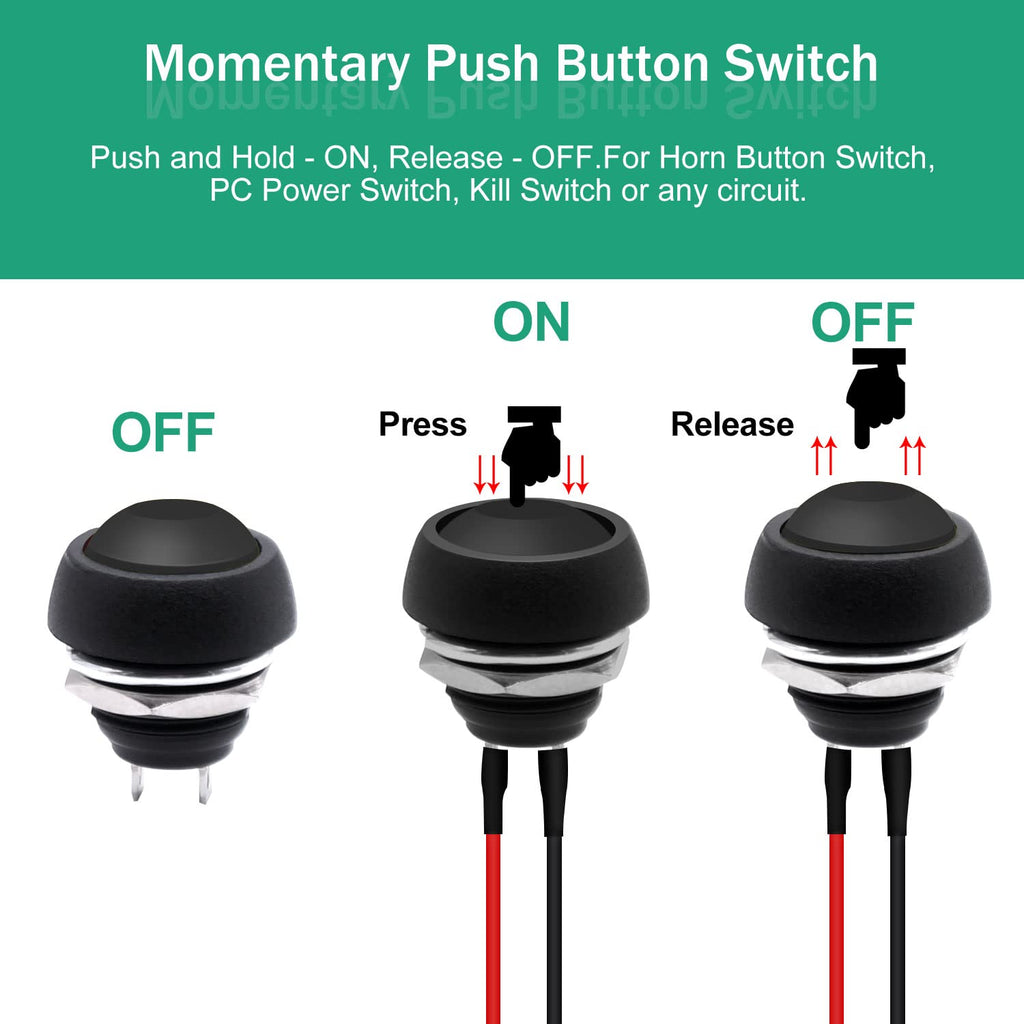 Twidec/6Pcs 12mm Momentary Push Button Switch 1/2" Mounting Hole On Off Mini Round Waterproof Black with Pre-soldered Wires PBS-33B-BK-X