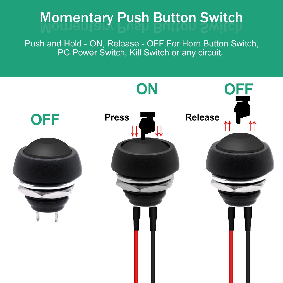 Twidec/6Pcs 12mm Momentary Push Button Switch 1/2" Mounting Hole On Off Mini Round Waterproof Black with Pre-soldered Wires PBS-33B-BK-X