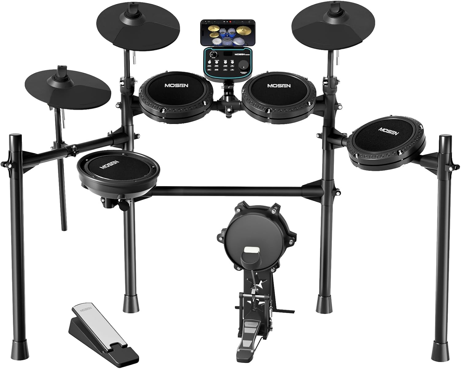 MOSEN MED-X5 Electric Drum Set Mesh Drum Pads, Phone Holder, Sticks, Adjustable cymbals, Kick drum, Headphones, USB