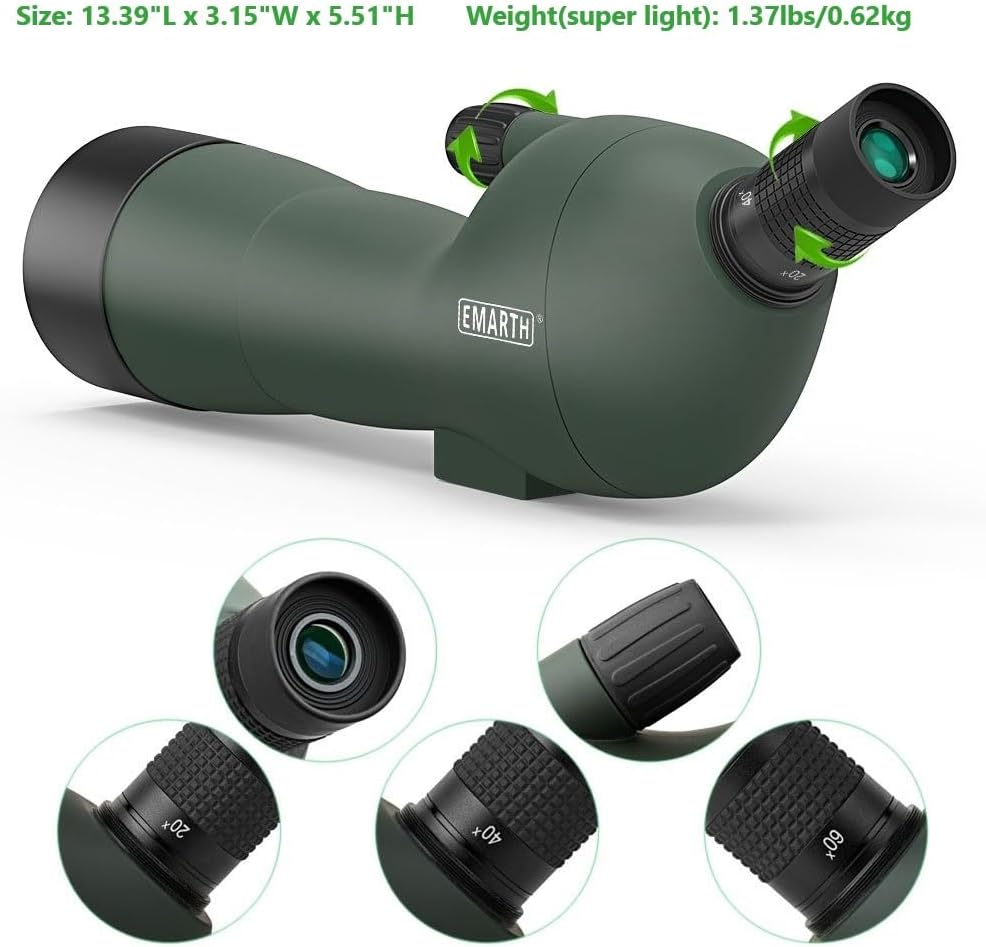 20-60x60 Angled Spotting Scope for Target Shooting, Spotting Scope w/Tripod 14" Tabletop/Carry Bag, 1.37lb Light