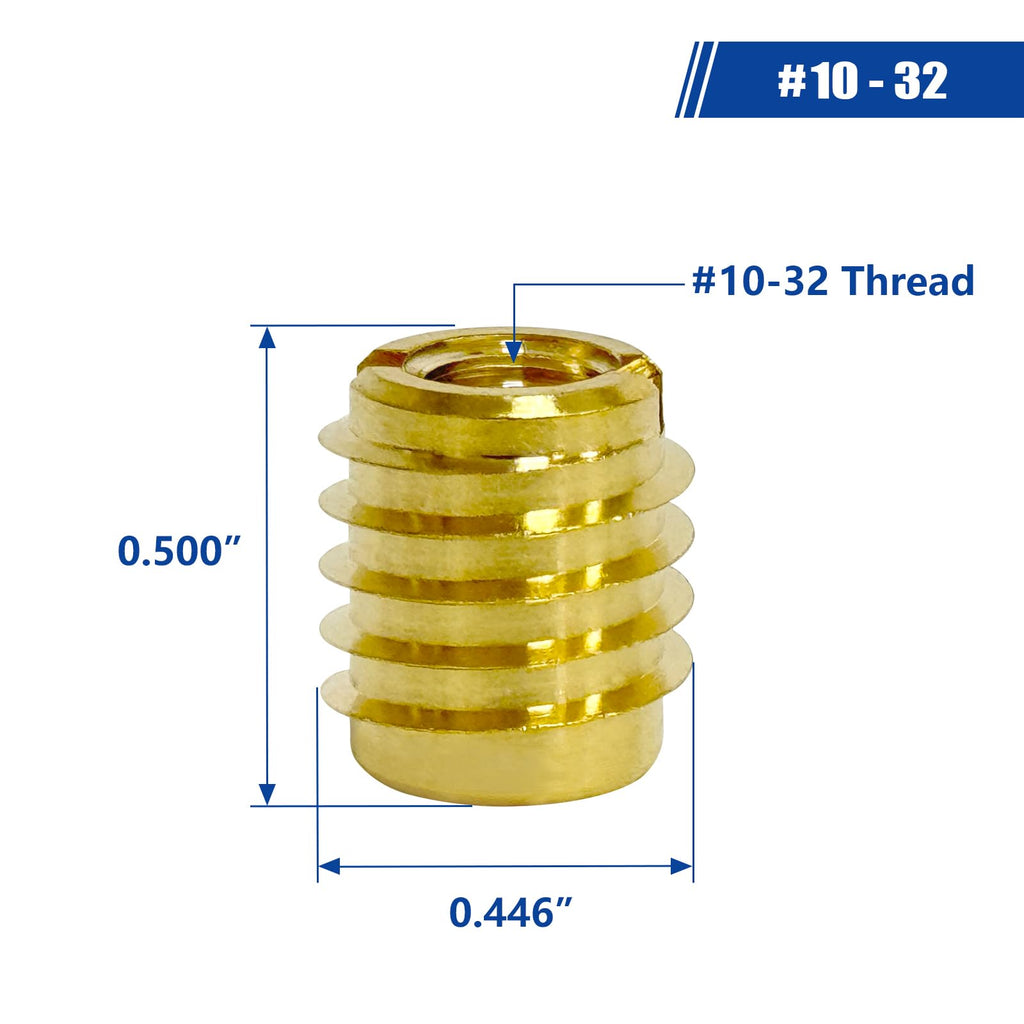 Threaded Inserts for Wood, Installation Kit, Brass, Includes #10-32 Knife Thread Inserts (10pcs), Drill, Installation Tool