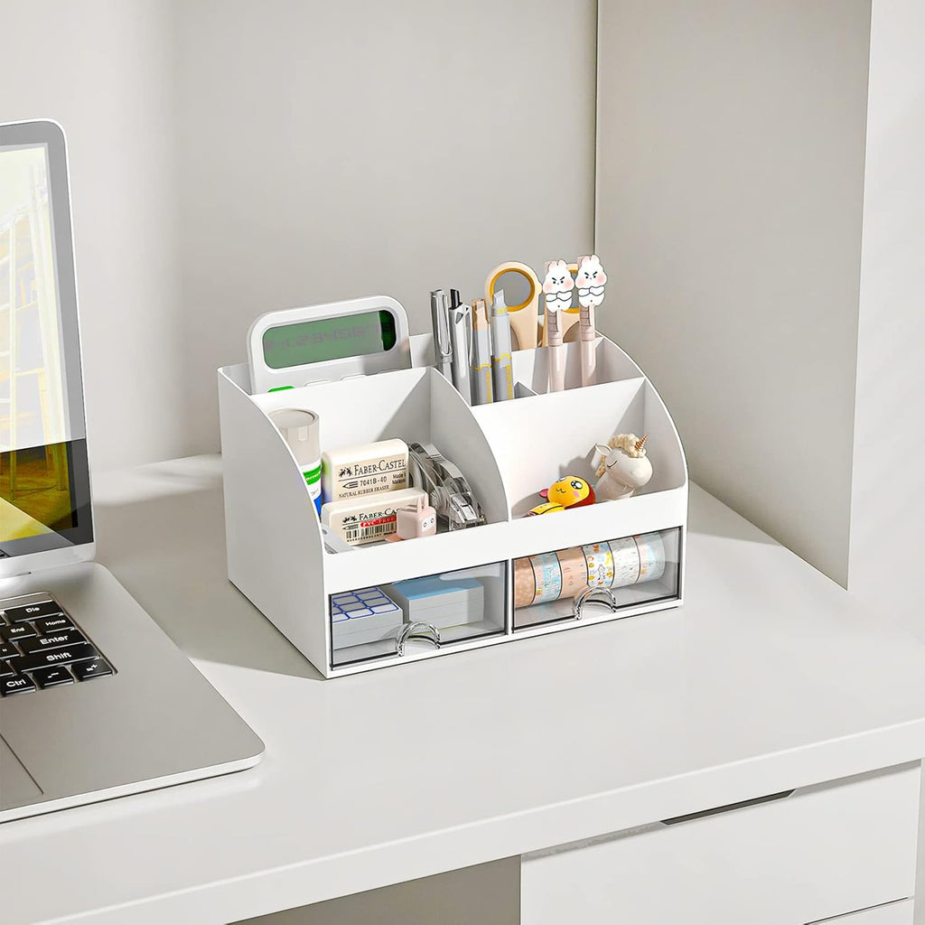 Desk Organizer with 6 Compartments and 2 Drawers, Plastic Makeup Organizer, Pen Holder for Desktop Storage, Desk