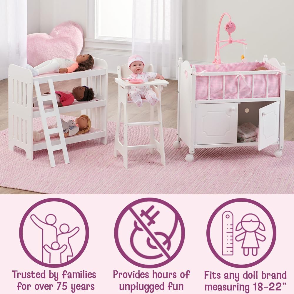 Doll Crib with Bedding, Storage Baskets, Mobile & Personalization Kit - Ideal Nursery Set for Dolls Up to 22 Inches