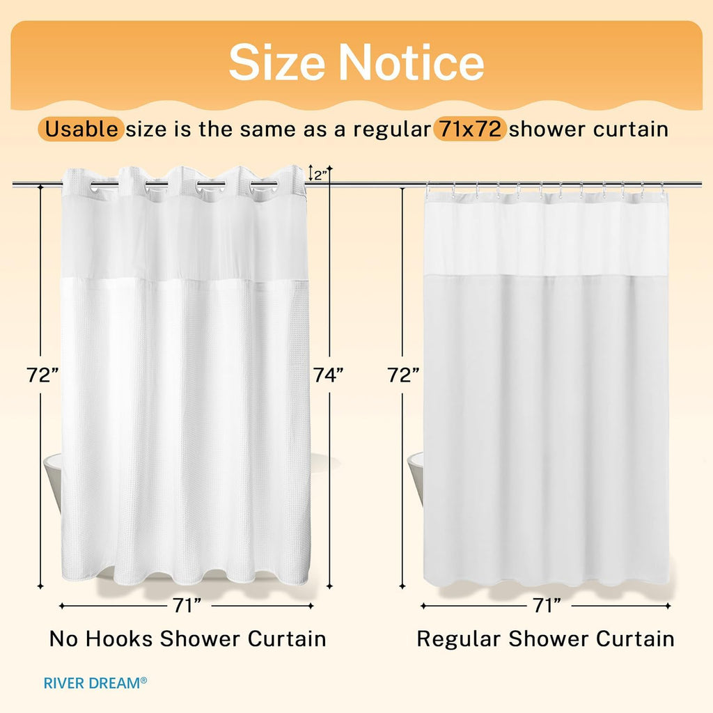 RiverDream Heavyweight Waffle No Hook Shower Curtain with Liner,White,71x74 | Dotted Waffle,Snap-in Liner,Heavy