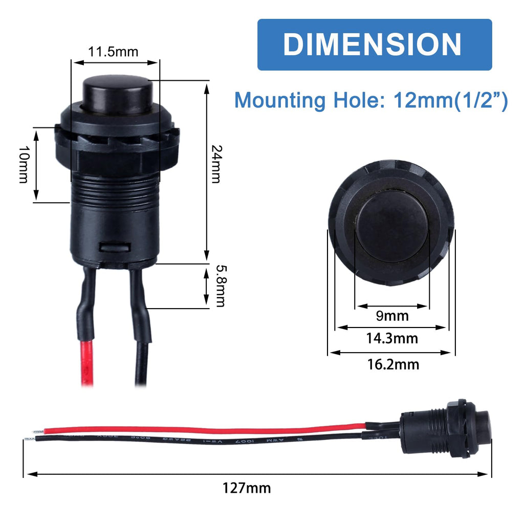 12-Pack 12mm Latching Push Button Switch AC 250V/1.5A 120V/3A ON-Off SPST Normal Open 1NO 2Pins with Pre-soldered Wires Small (12pcs Black Self-Locking)