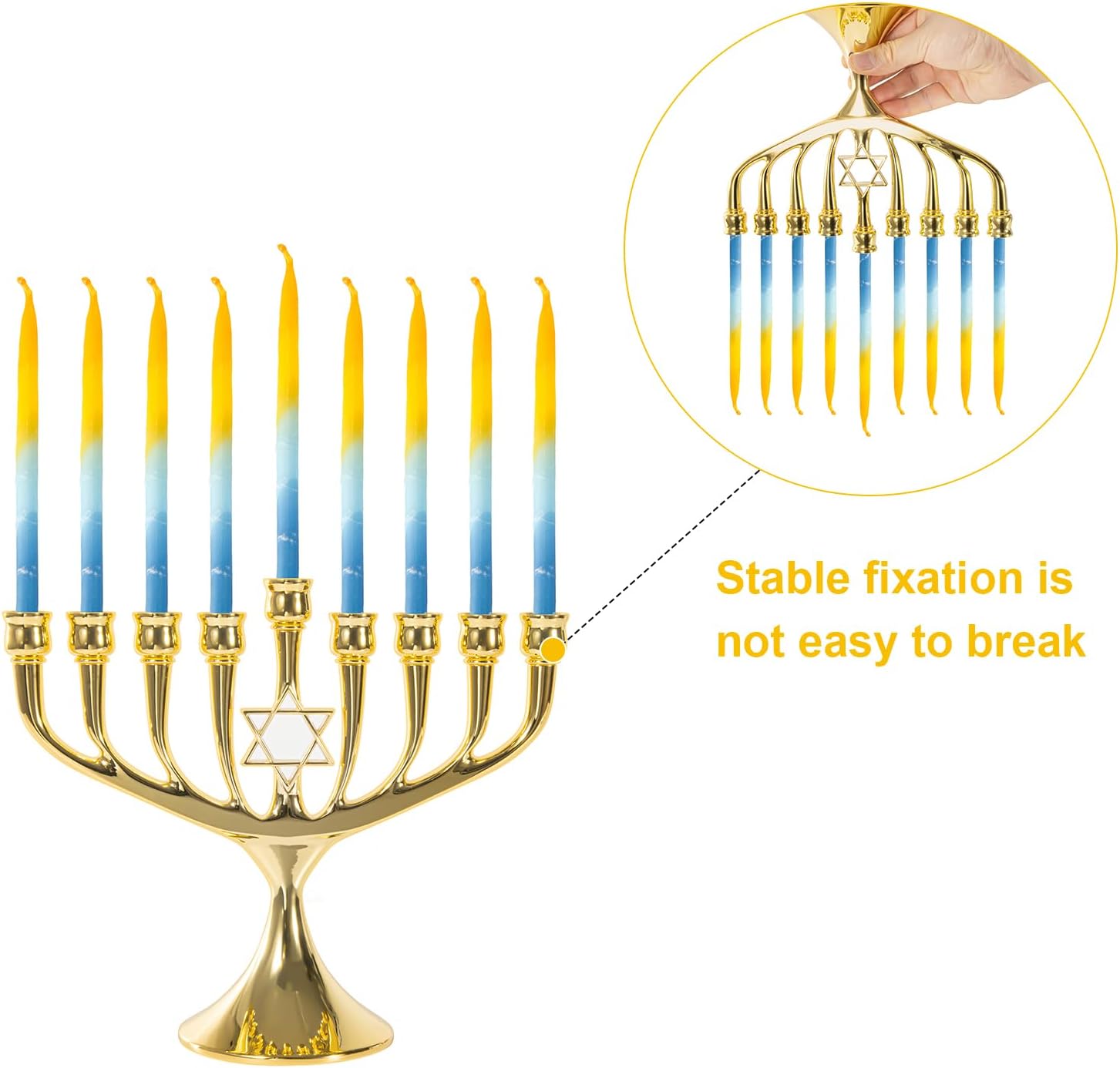 Hanukkah Menorah Upgrade Cups with Built-in Pins, Star of David Candle Holders 9 Branches Gold Plated Candlesticks