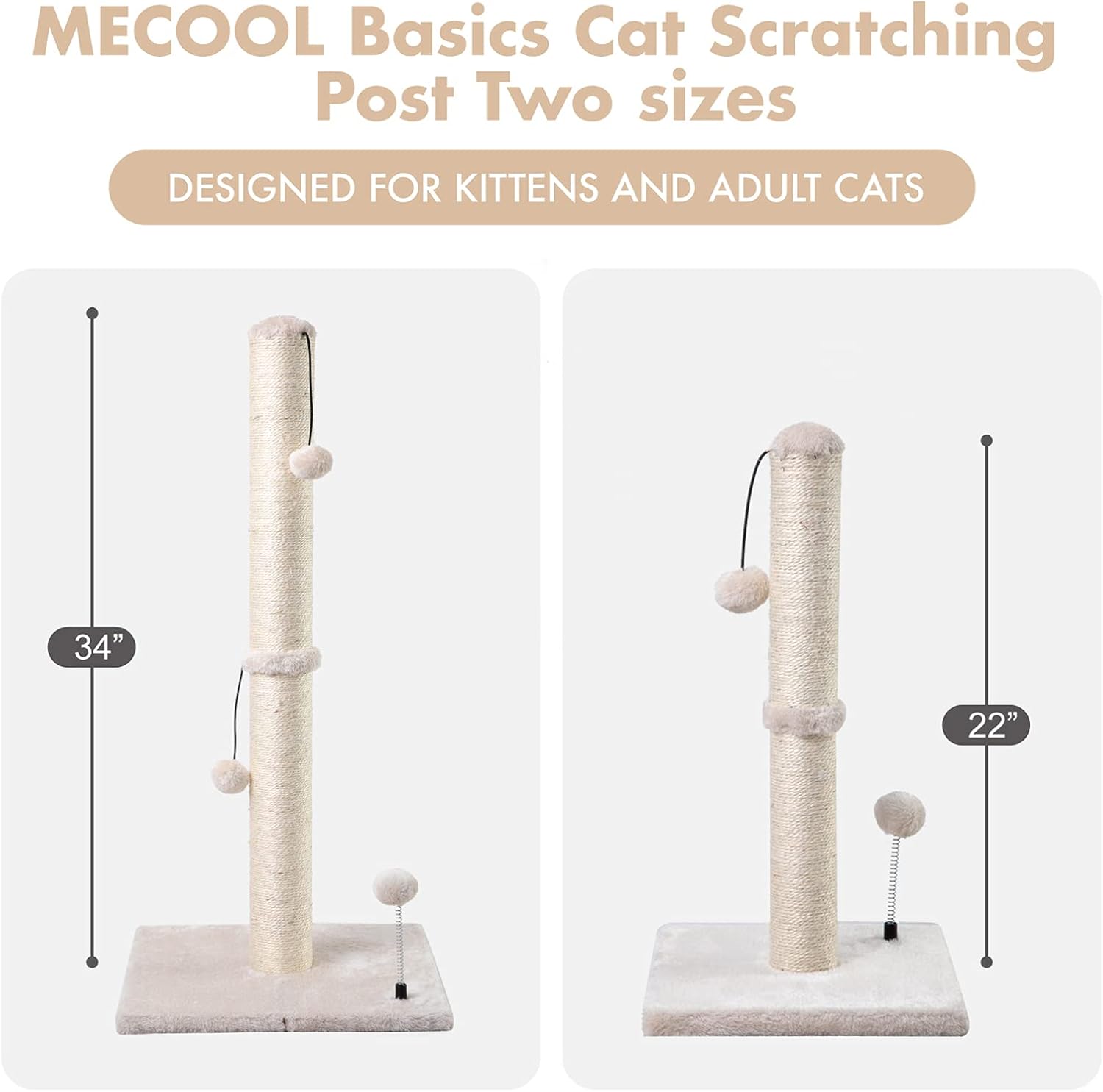 34” Tall Cat Scratching Post Premium Basics Kitten Scratcher Sisal Scratch Posts Trees with Hanging Ball for Indoor