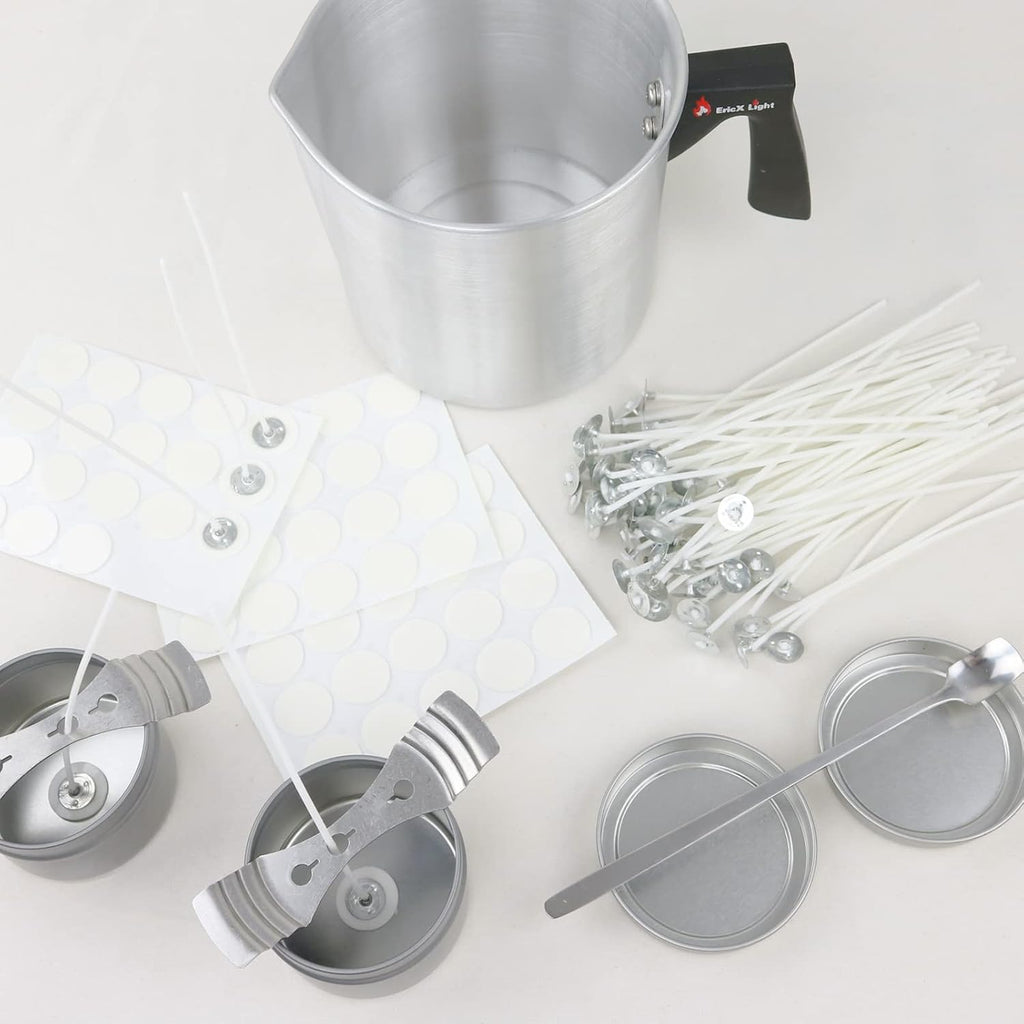 Candle Making Kit, 60pcs Candle Wicks, 60pcs Candle Wicks Sticker, 1pc Candle Wax Pouring Pot, 2pcs 3-Hole Wicks