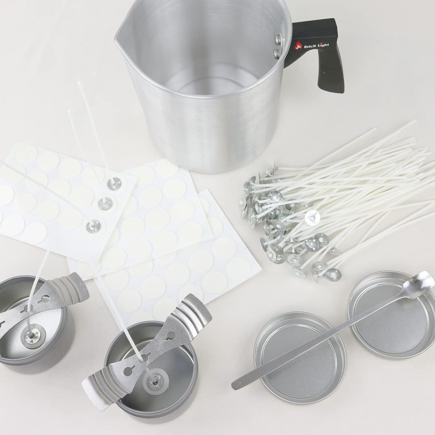 Candle Making Kit, 60pcs Candle Wicks, 60pcs Candle Wicks Sticker, 1pc Candle Wax Pouring Pot, 2pcs 3-Hole Wicks