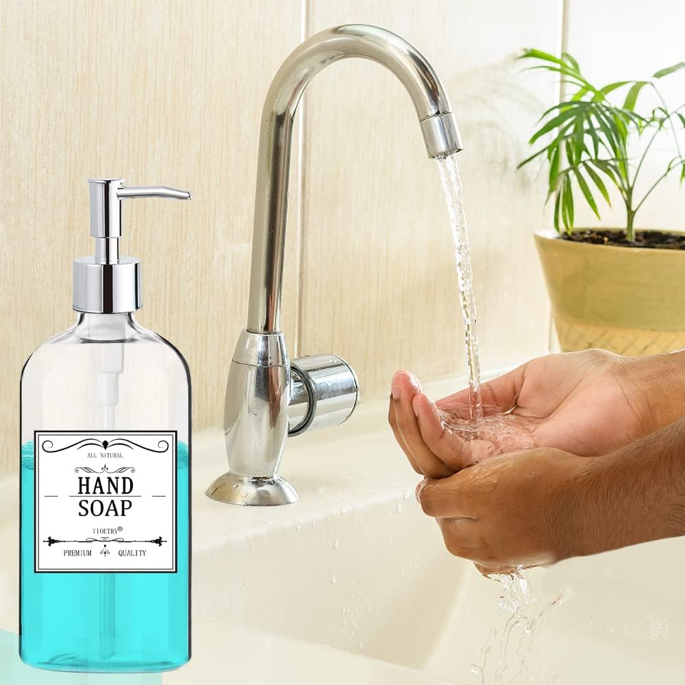 Clear Soap Dispenser with Rust Proof Pump, Waterproof Labels (2 Pack,16 Oz), Plastic Hand Soap Dish Soap Dispenser
