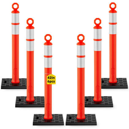 6 Pack 42" Traffic Delineator Posts, Tall Cones for Parking | Detachable Base Stores Easily; Reflective Strips