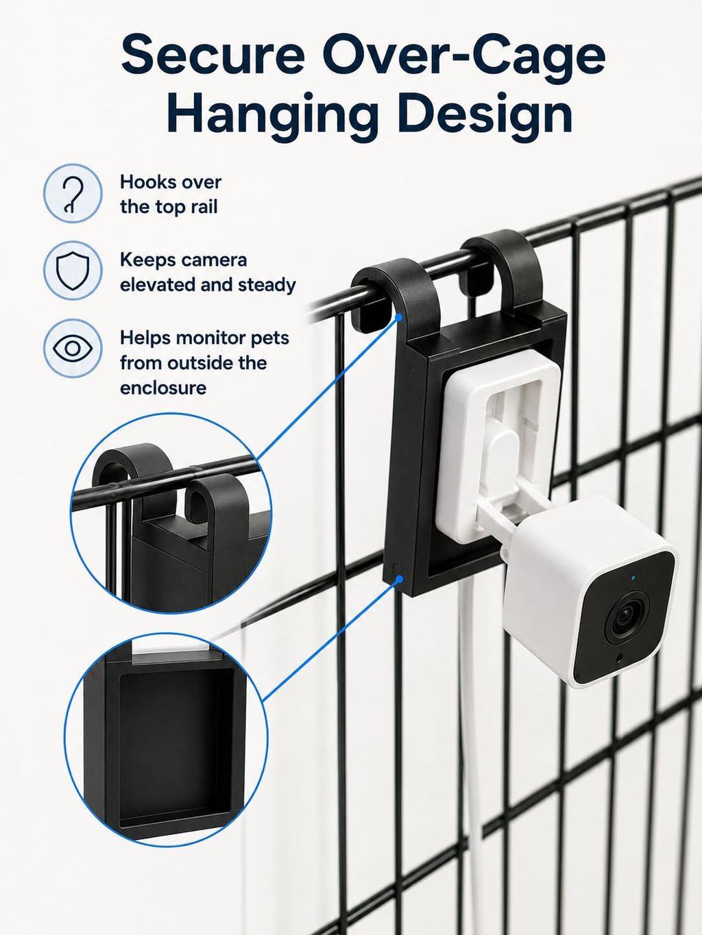 Pet Cage Camera Mount Compatible with Wyze Cam, Clip-On Crate Camera Holder