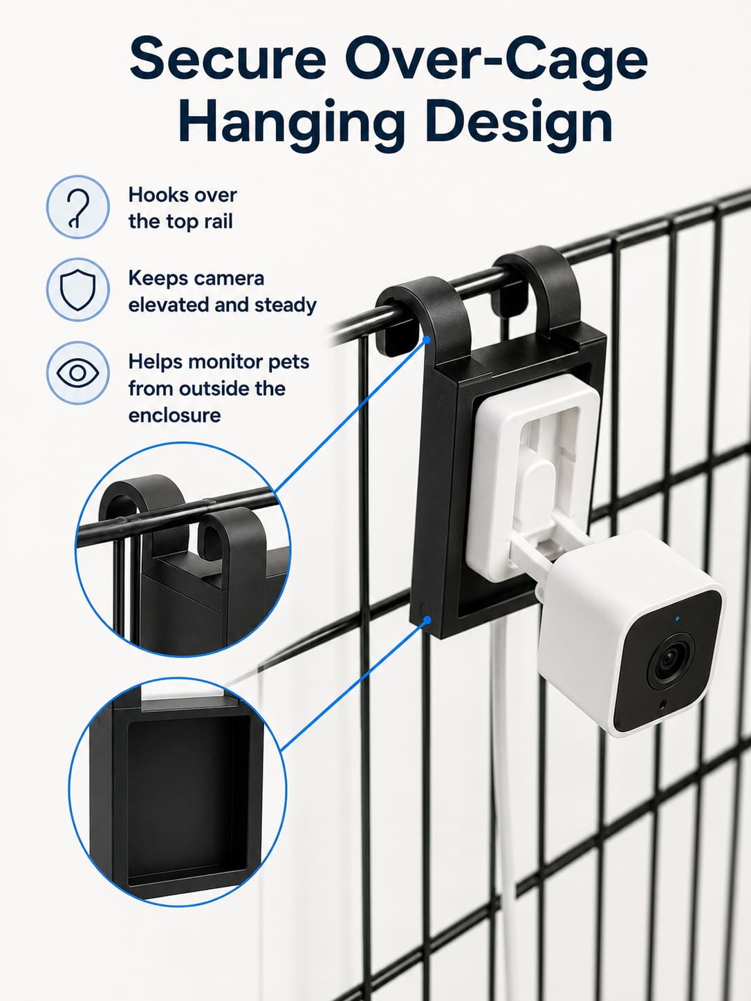 Pet Cage Camera Mount Compatible with Wyze Cam, Clip-On Crate Camera Holder