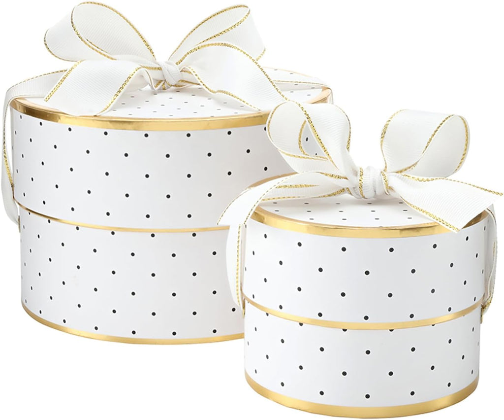 Gift Wrap Co. Nested Gift Box 2-Piece Set Round Designer Boxes with Lids, Large and Small, Polka Dots