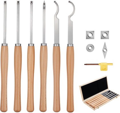 Wood Lathe Turning Tool Set, 6PCS Lathe Roughing Finishing Detailing Hollow Tool with Wooden Handle Diamond Round