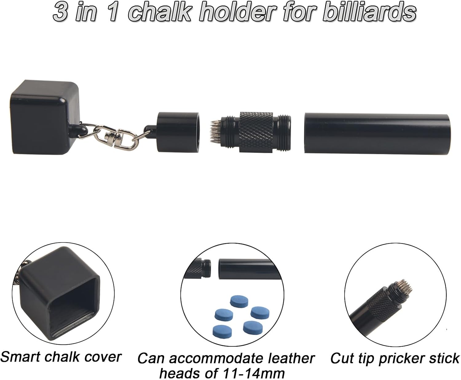 Pool Chalk Holder with Pool Cue Tip Shaper & Cue Tip Storage | Snooker & Billiards Pool Accessories, Portable Pool