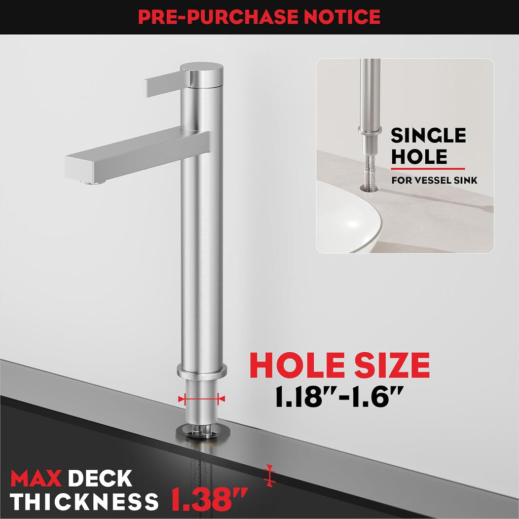 Brushed Nickel Tall Bathroom Vessel Sink Faucet, Single Hole Single Handle Modern Above Counter Sink Bathroom Faucet