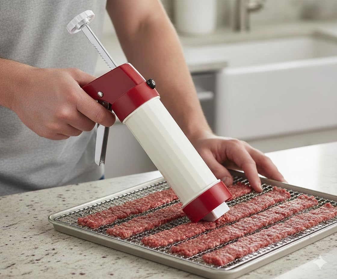Jerky Gun Kit, Food-Grade Plastic Jerky Maker & Sausage Stuffer with 3 Nozzles for Ground Meat