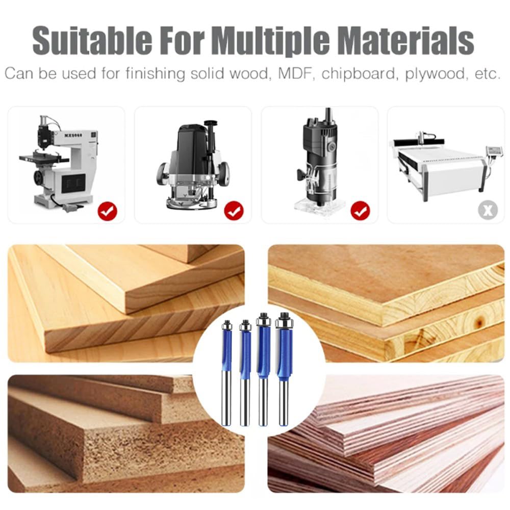 4PCS Flush Trim Router Bit Set 1/4 Inch Shank Top Bearing Flush Trim Router Bit