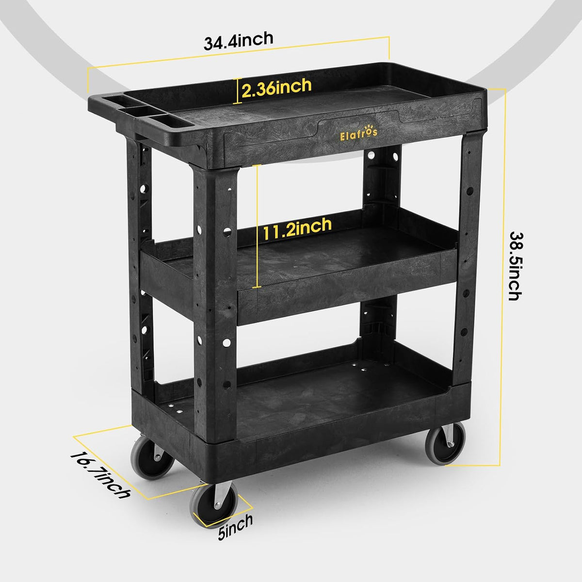 3-Shelf Heavy Duty Plastic Rolling Utility Cart, 34 x 17 x 38.5 in