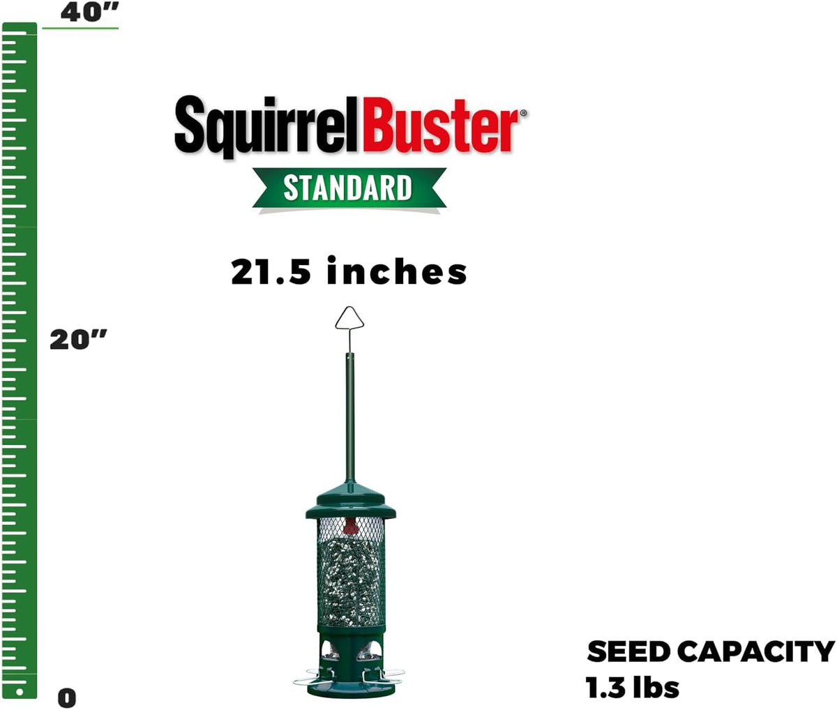 Squirrel Buster Standard Squirrel-proof Bird Feeder w/4 Metal Perches, 1.3-pound Seed Capacity, garden green
