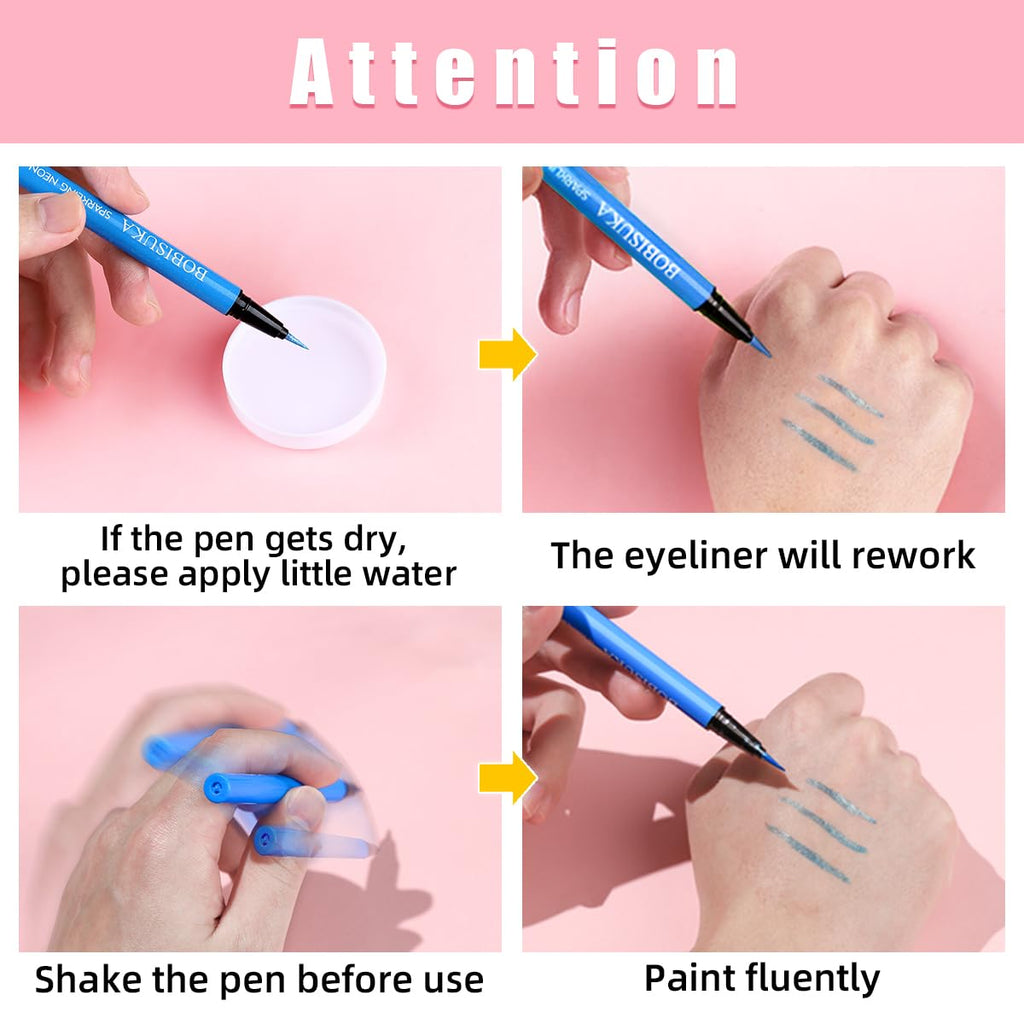 7-Color UV Glitter Liquid Eyeliner, Waterproof Neon Eye Liner