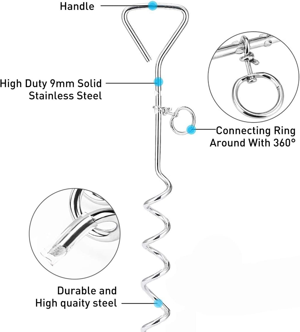 Dog Tie Out Cable and Anti Rust Spiral Stake , 30ft Outside Leash&Chain for Camping and Yard, 16'' Heavy Duty for