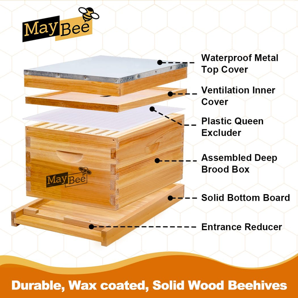 Beehive Starter Kit 8-Frame Bee Boxes and Frames Beehive Kit Wax Coated Bee Hives and Supplies Starter Kit Including