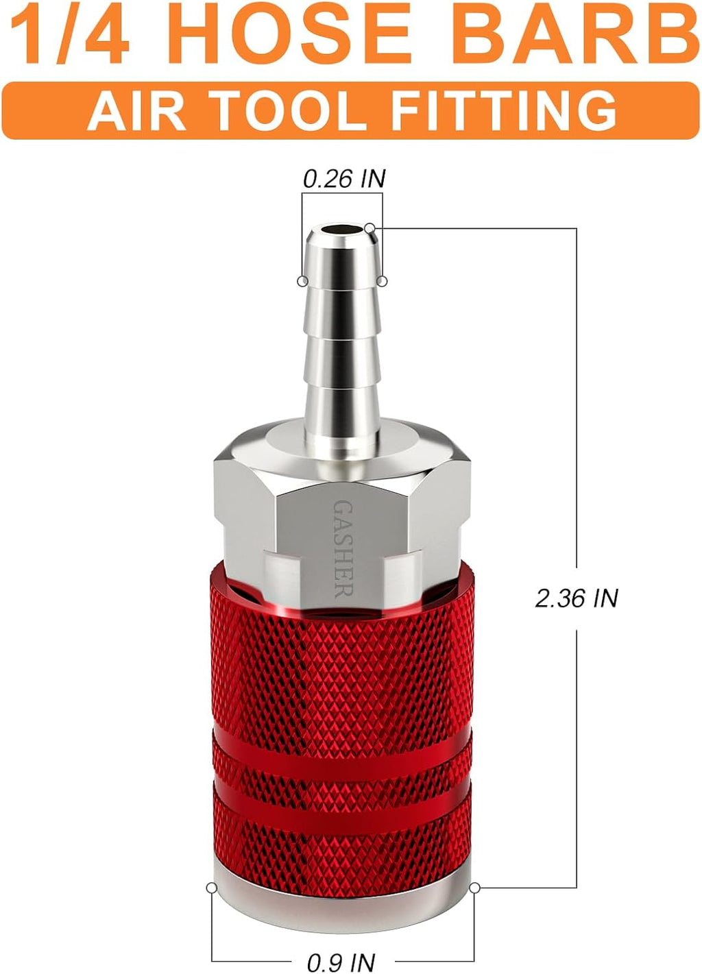 GASHER 2Pcs Red Industrial Air Coupling with 1/4" Hose Barb, 1/4" Basic Flow Quick Connect Air Coupler I/M Type With Hose Clamp