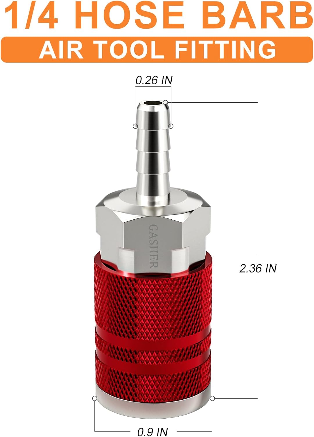 GASHER 2Pcs Red Industrial Air Coupling with 1/4" Hose Barb, 1/4" Basic Flow Quick Connect Air Coupler I/M Type With Hose Clamp