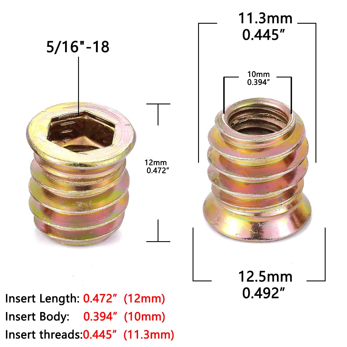 30 Pcs 5/16"-18x12mm Threaded Inserts for Wood Woodworking Furniture