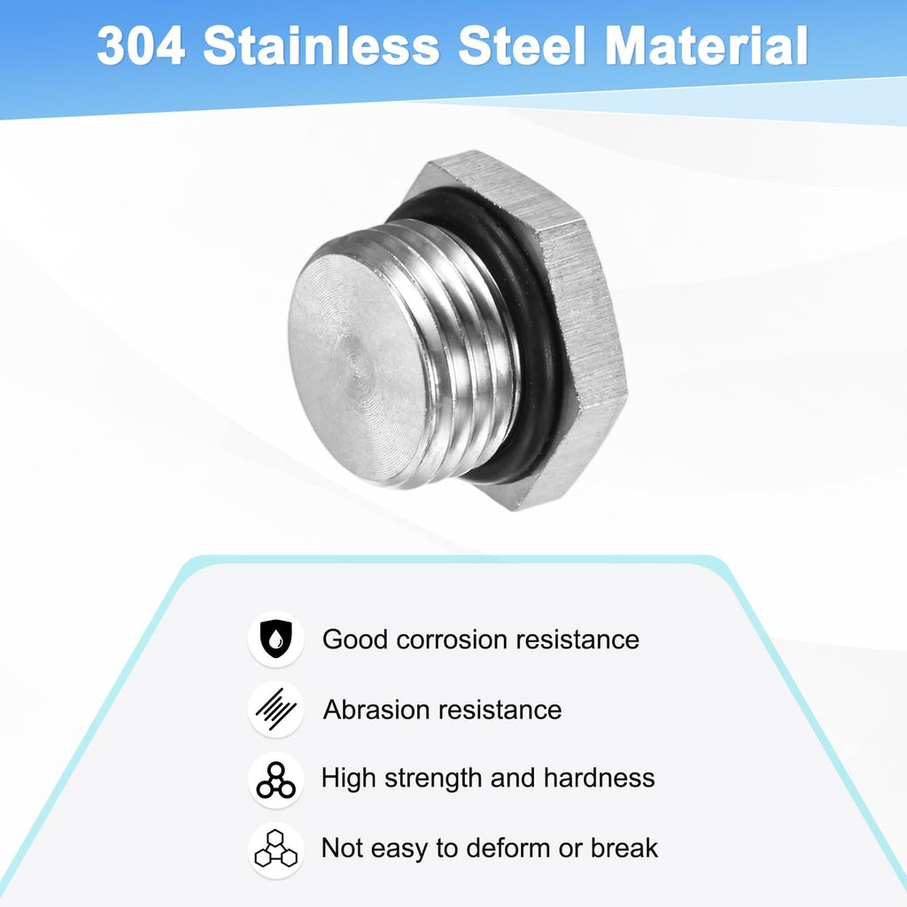 M METERXITY 2-Pack Outer Hex Head Thread Pipe Plug Fitting, M16x1.5mm Male 304 Stainless Steel Solid Thread Bung Plug with Sealing Ring for Terminating Pipe Ends