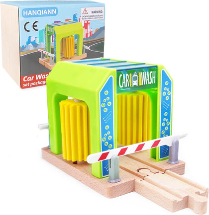Wooden Car Wash Station with Train Truck,Expansion Pack Compatible with Railway Train Set,Wooden Toy Train Accessory
