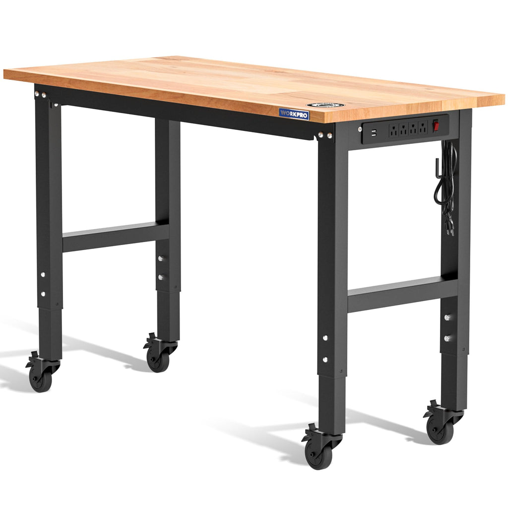 48" Adjustable Workbench with Wheels, Rubber Wood Top