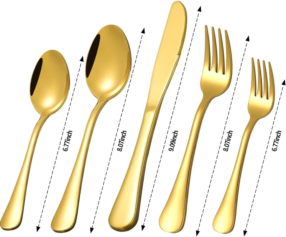 Gold Silverware Set for 12, Compralo 60 Pieces Stainless Steel Shiny Gold Flatware Set, Cutlery Tableware Set Include