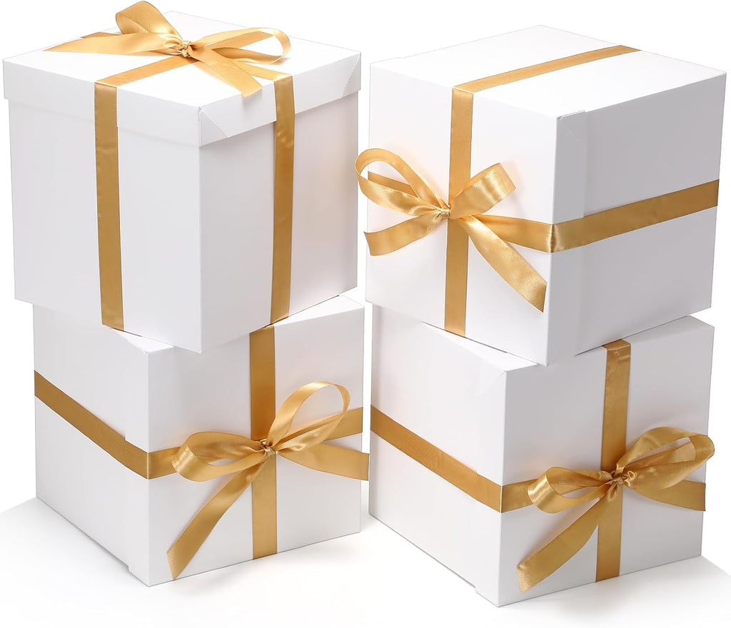 10 Pack White Gift Boxes with Lids and Gold Ribbons, 8.8 Inch