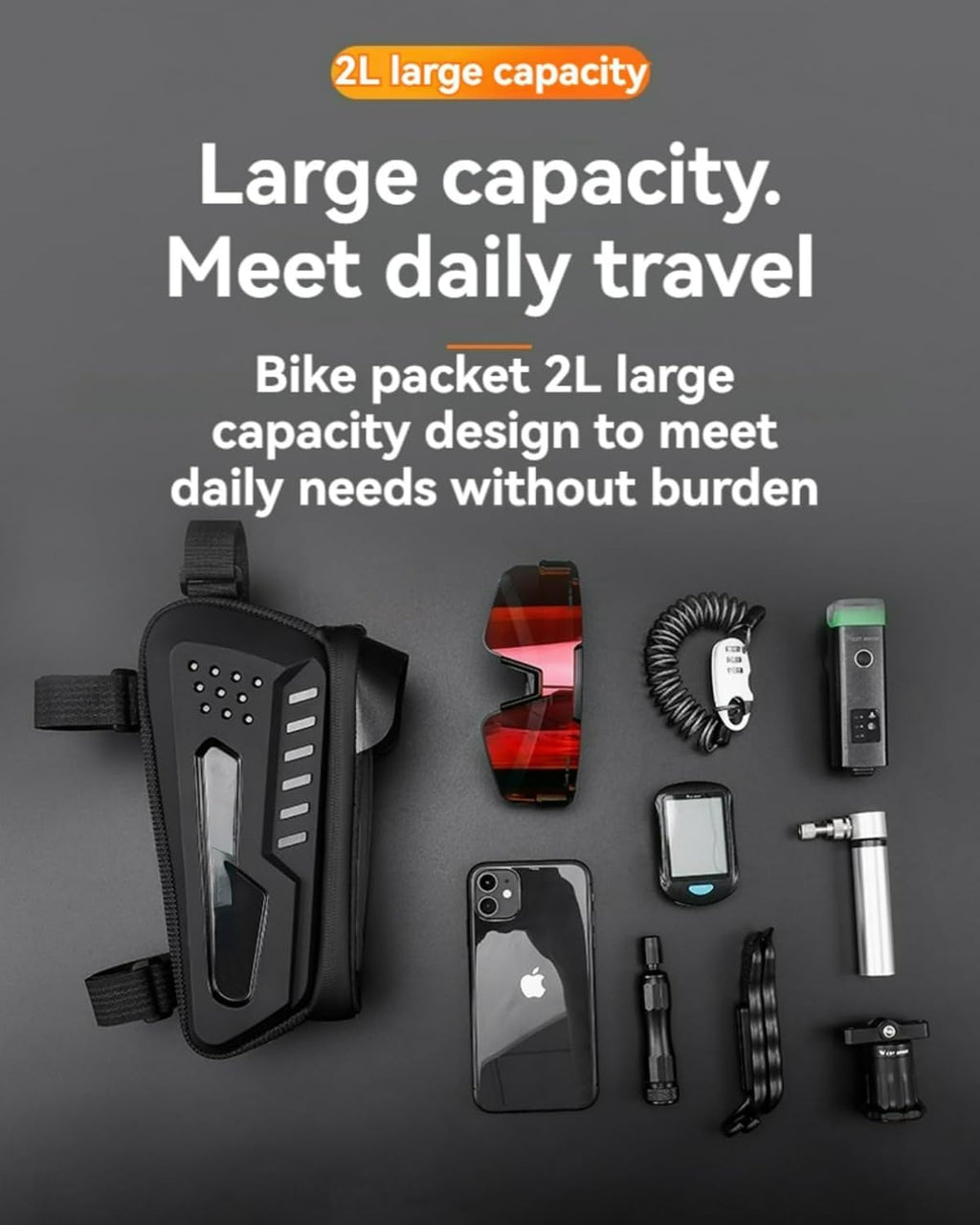 Bicycle Bag Front Beam Mount Hardshell & Versatile 2L Capacity Water-Resistant Sun-Shielded Shockproof