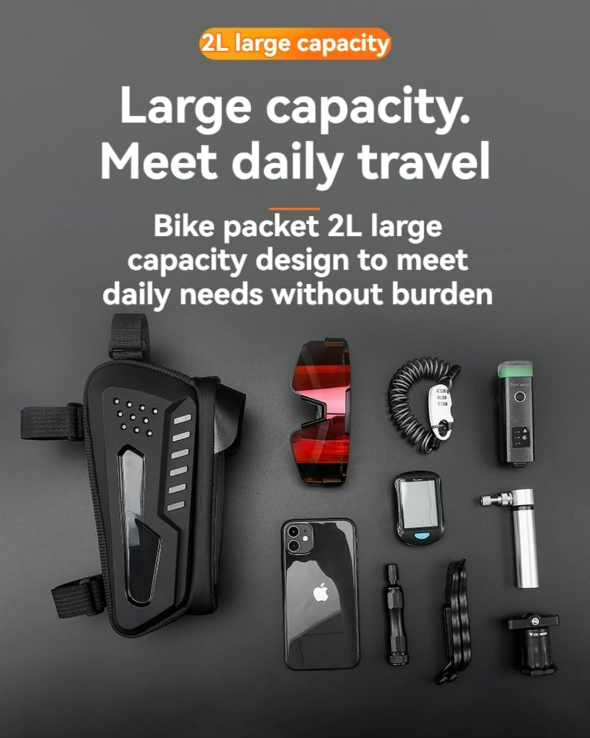 Bicycle Bag Front Beam Mount Hardshell & Versatile 2L Capacity Water-Resistant Sun-Shielded Shockproof