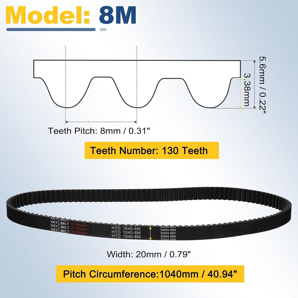 uxcell 1040-8M-20 Timing Belt, 1040mm Pitch Circumference x 20mm Width x 6mm Height, 8mm Pitch, 130 Teeth, Black Rubber Synchronous Belt