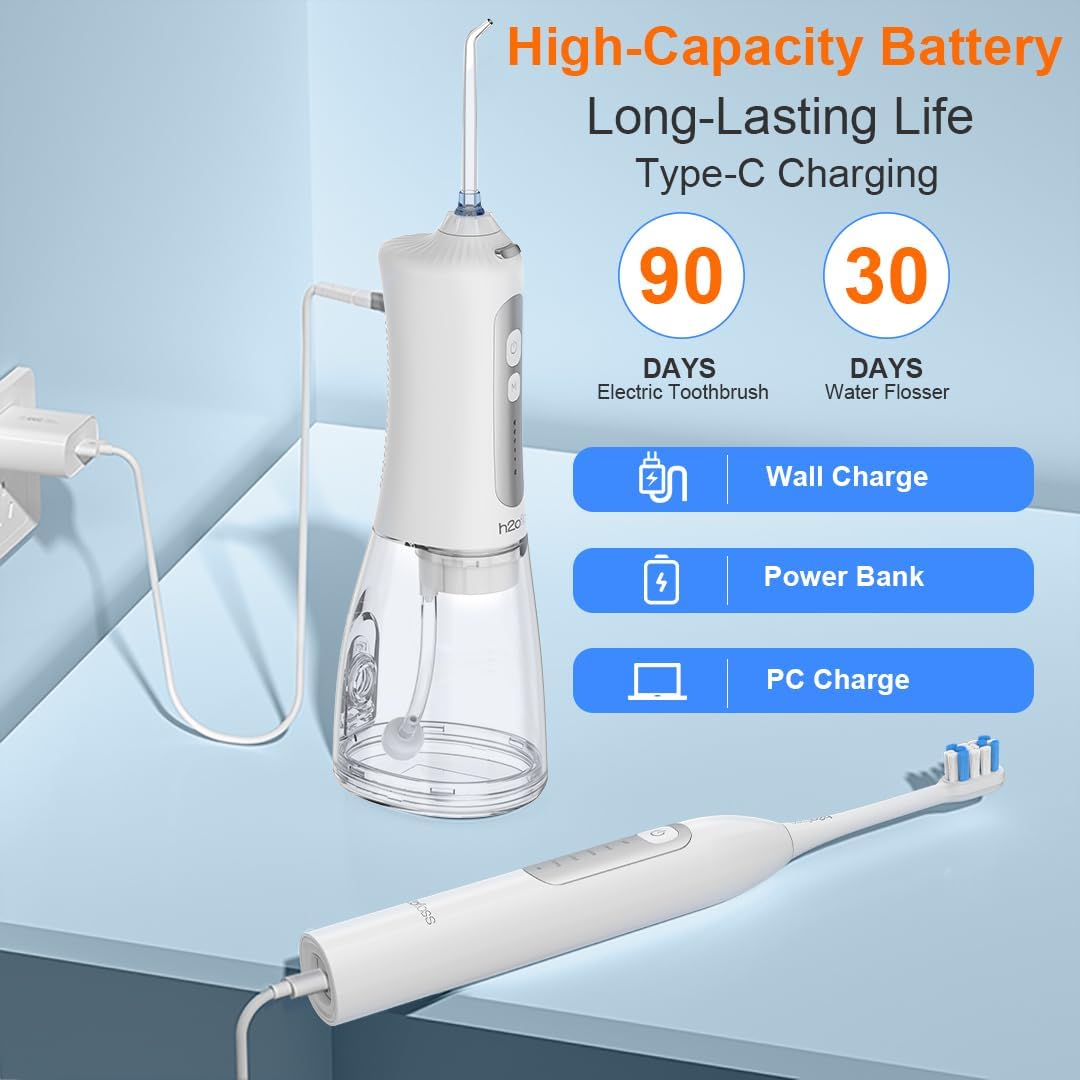 Sonic Electric Toothbrush and Water Flosser Combo, Rechargeable 2000mAh Toothbrush and 2500mAh Oral Irrigator with