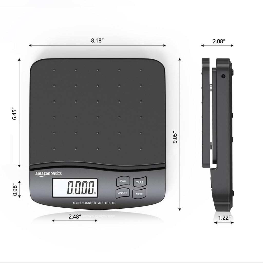 Digital Postal Shipping Scale with Tare Function, AC Adapter, 65 lb Capacity, 0.1 oz Readability, LCD Display, Black