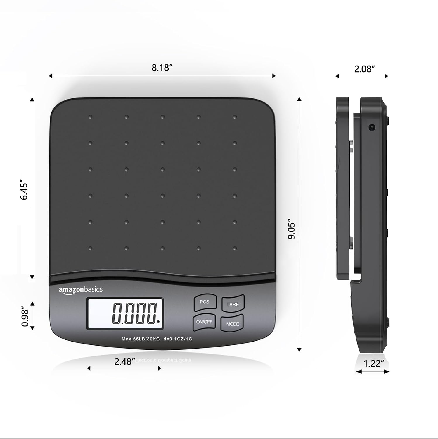 Digital Postal Shipping Scale with Tare Function, AC Adapter, 65 lb Capacity, 0.1 oz Readability, LCD Display, Black