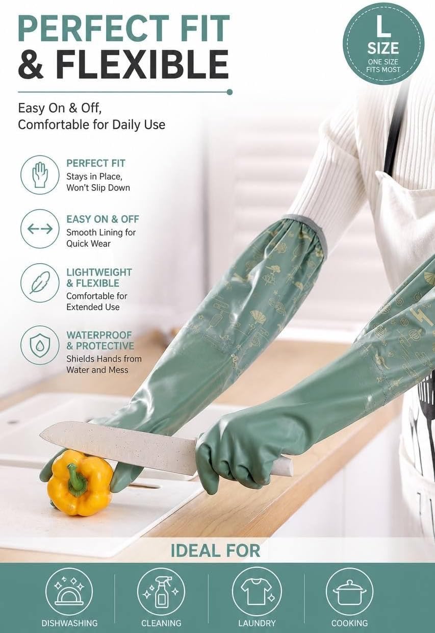 MOVAN His and Hers Long Sleeve Rubber Gloves Set, 2 Pairs (1 Pink + 1 Green), 18.9in (48cm) Extra Long with Hanging