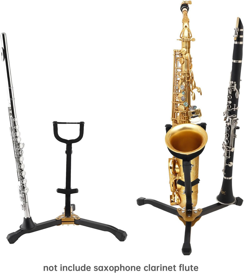 Alto/Tenor Sax Stand w Clarinet/Flute Peg, Foldable Stand w Sponge Pad | Rust-resistant metal base prevents tipping.