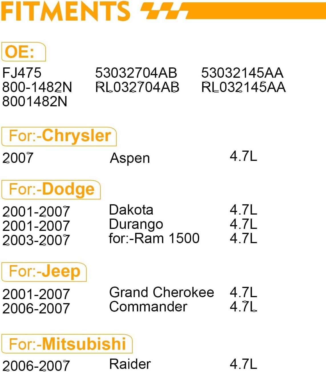 FJ475 4.7L Fuel Injectors Fit For:-Dodge Dakota Durango 2001-2007